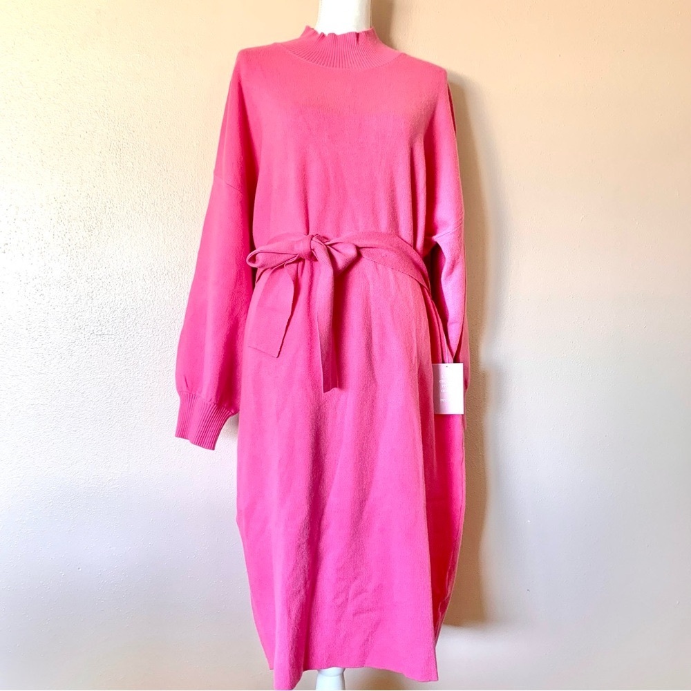 DM Fashion Pink Long Sleeve Ribbed Sweater Dress